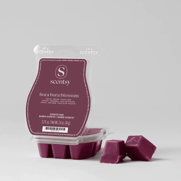 Bora Bora Blossom Scentsy Bar in deep burgundy wax, shown in its clear plastic clamshell packaging with label, alongside two individual wax cubes