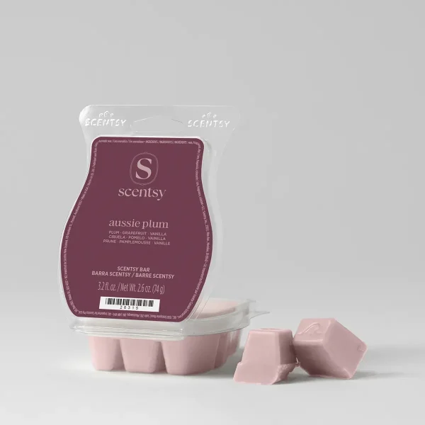 Pink wax bar segments beside a burgundy packaged Aussie Plum Scentsy Bar with clear plastic clamshell and perforated tear-open top
