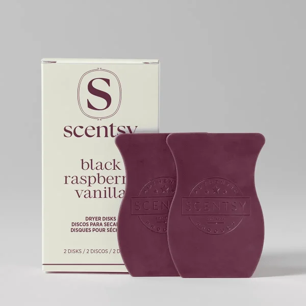 Two burgundy dryer disks with embossed Scentsy branding, displayed next to cream packaging labelled Black Raspberry Vanilla Dryer Disks