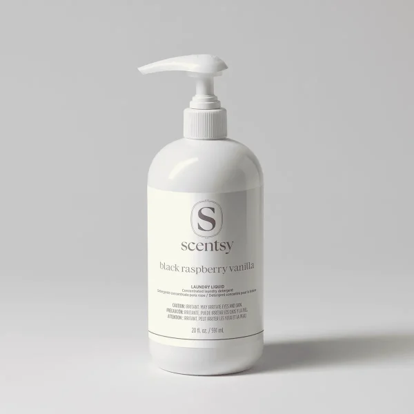 White pump bottle of Black Raspberry Vanilla Laundry Liquid, 20 fl oz, with cream-coloured label featuring the Scentsy logo and product name