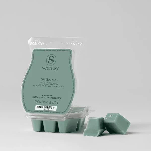 Pale seafoam-green wax melts in a clamshell container with a peelable label reading "By the Sea Scentsy Bar", with three individual wax segments displayed separately in front