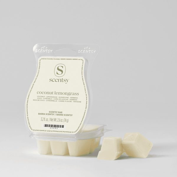 Cream-coloured wax bars in clear clamshell packaging labelled Coconut Lemongrass Scentsy Bar, with two individual cubes displayed in front