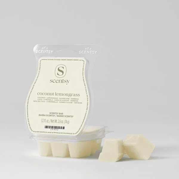 Cream-coloured wax bars in clear clamshell packaging labelled Coconut Lemongrass Scentsy Bar, with two individual cubes displayed in front
