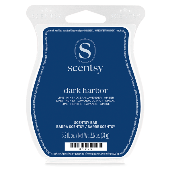 Navy blue Scentsy wax bar packaging in a clear curved plastic clamshell with white lettering, the Dark Harbor Scentsy Bar