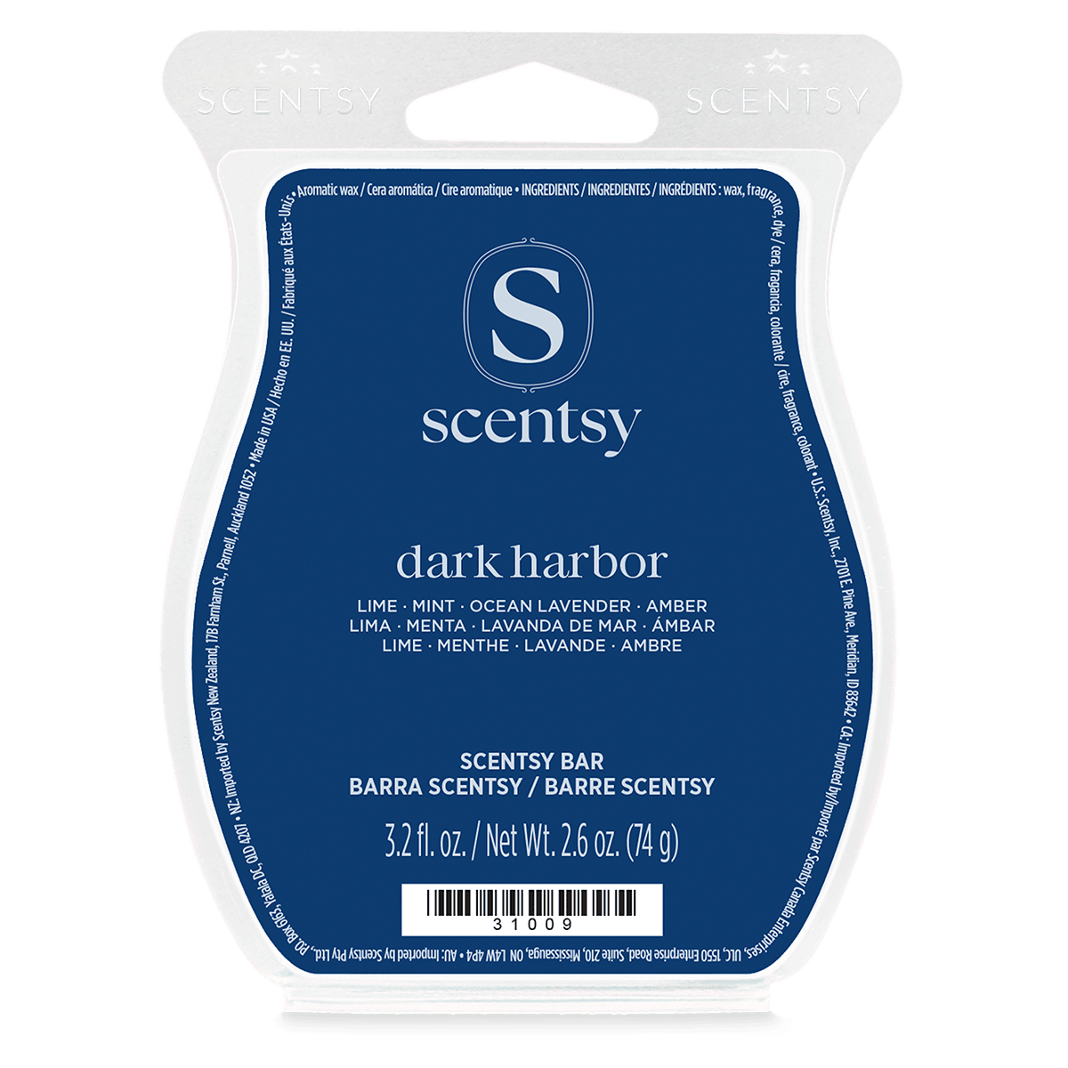 Navy blue Scentsy wax bar packaging in a clear curved plastic clamshell with white lettering, the Dark Harbor Scentsy Bar