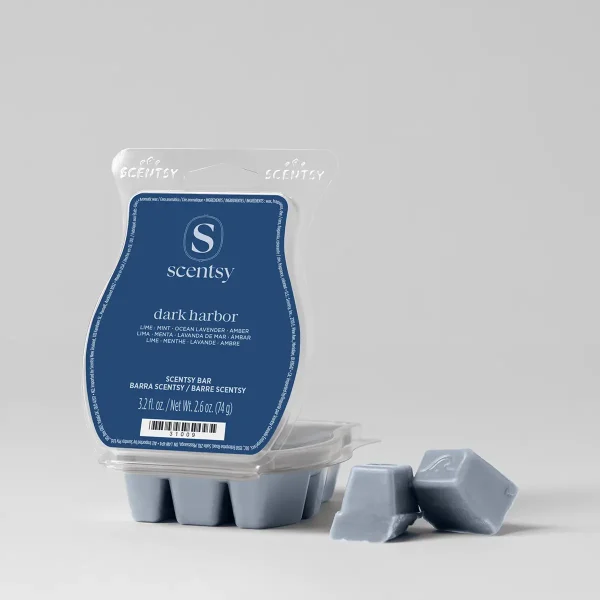Navy blue Scentsy clamshell pack beside two loose blue-grey wax cubes, the Dark Harbor Scentsy Bar, against a pale grey backdrop