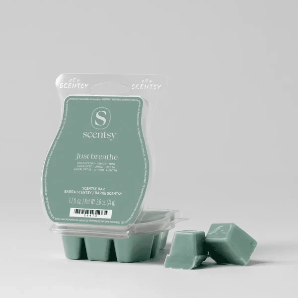 Sage green wax melt bar in a clear plastic clamshell with label showing Scentsy branding, scent notes including eucalyptus and mint, and six individual wax cubes displayed in front, the Just Breathe Scentsy Bar