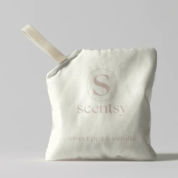 Sweet Pea & Vanilla Scent Pak - Cream linen Scent Pak with a drawstring, embossed with the Scentsy logo, labelled Sweet Pea & Vanilla Scent Pak