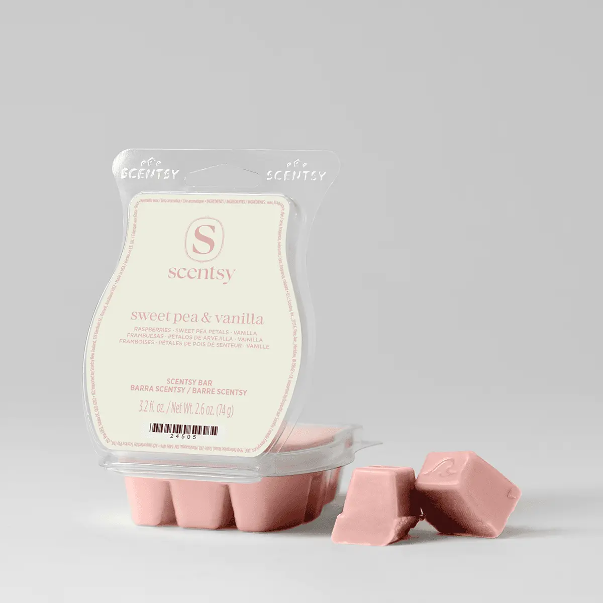 Sweet Pea & Vanilla Scentsy Bar - Pale pink wax bar with six segmented cubes in a clear clamshell package labelled Sweet Pea & Vanilla Scentsy Bar, with two cubes displayed in front