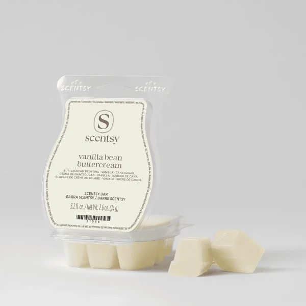 Cream-coloured wax bar segments in a clear clamshell package labelled Vanilla Bean Buttercream Scentsy Bar, with two pieces displayed in front