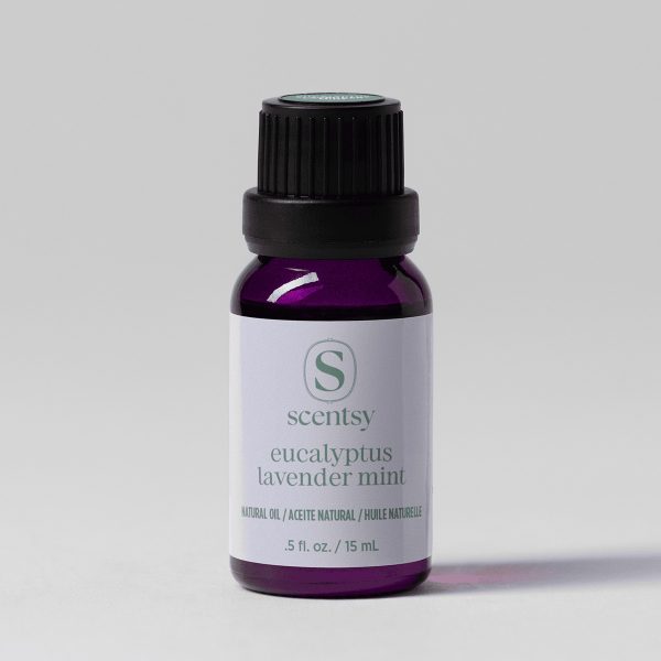 Purple glass bottle with black ridged cap and white label printed with Scentsy logo and "Eucalyptus Lavender Mint Natural Oil Blend" text, 15 mL size