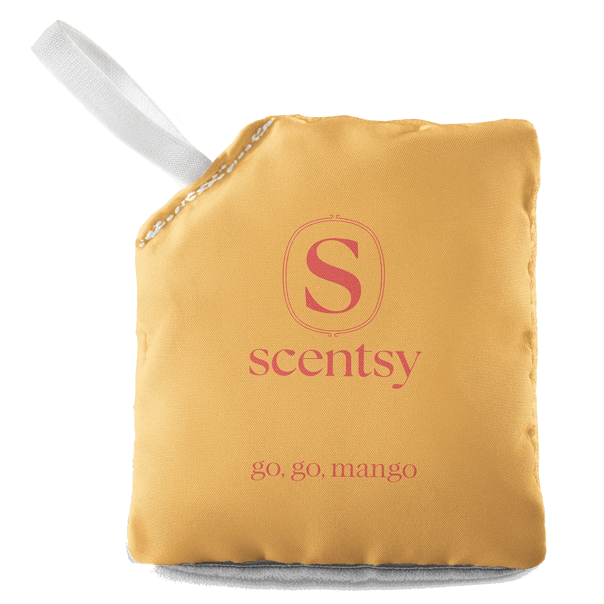 Go, Go, Mango Scent Pak - Golden-yellow fabric Scent Pak with mauve "S" logo and "scentsy" text, labeled "Go, Go, Mango," attached to a white woven loop