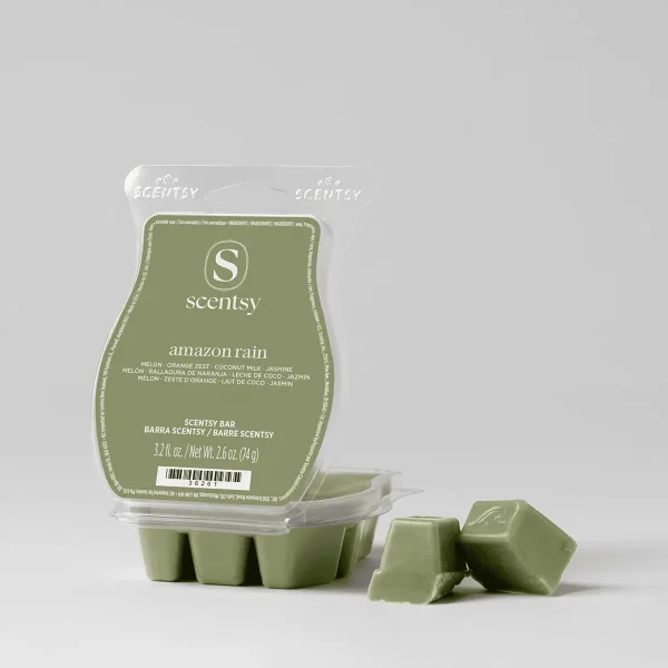 Sage-green wax bar in a clear clamshell package labelled Amazon Rain Scentsy Bar, with six individual wax cubes displayed in front