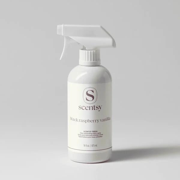 White spray bottle with trigger dispenser, labelled Black Raspberry Vanilla Scentsy Fresh fabric spray, 473 mL, against a neutral background