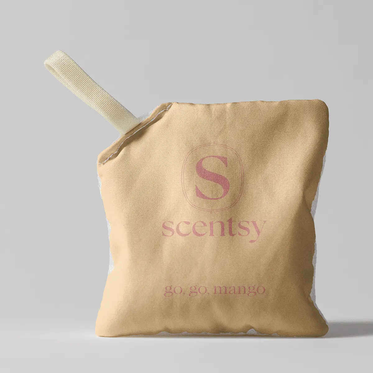 Cream fabric Scent Pak with a cream handle and rose-coloured Scentsy branding and "go, go, mango" text, the Go, Go, Mango Scent Pak