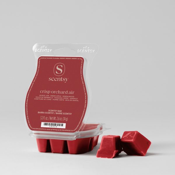 Crimson Scentsy Bar with six wax cubes in a clear plastic clamshell package, two cubes displayed separately, the Crisp Orchard Air Scentsy Bar