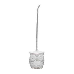 White porcelain owl-shaped ornament with textured feather detailing and a grey cord loop for hanging, the Whoot Porcelain Ornament Christmas Cranberry