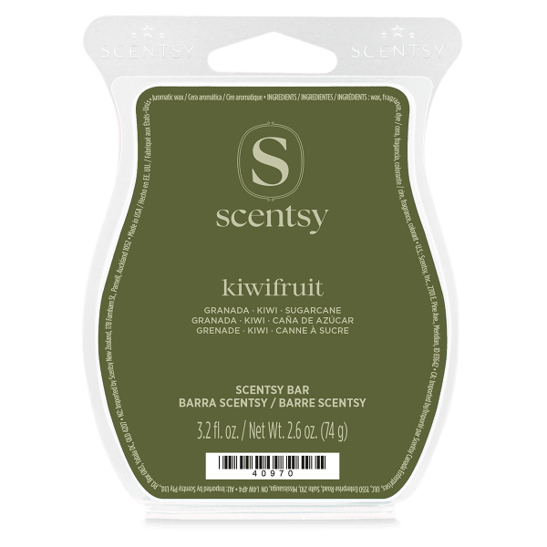 Olive green clamshell wax pack with a cream Scentsy monogram logo in a clear plastic tray, the Kiwifruit Scentsy Bar
