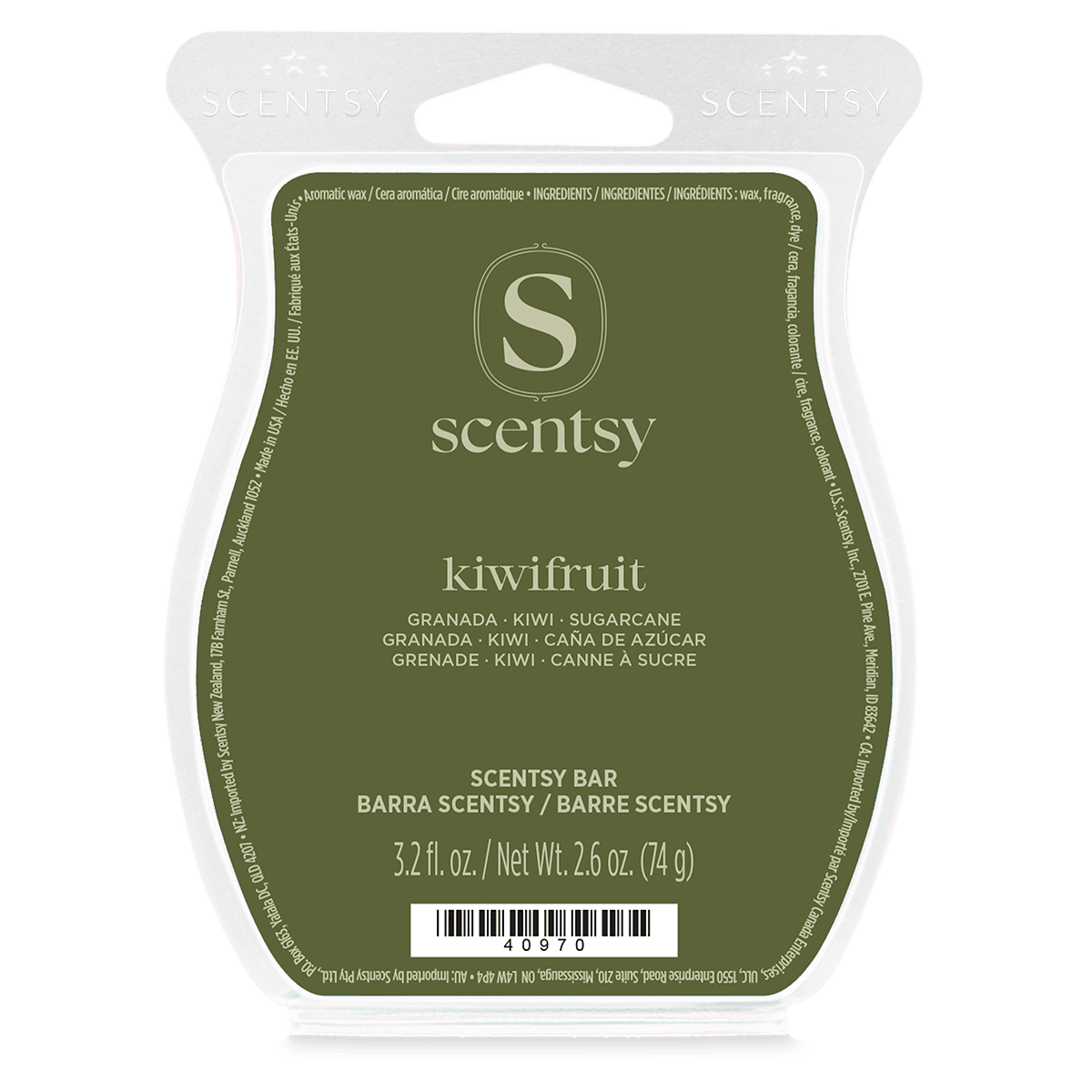 Olive green clamshell wax pack with a cream Scentsy monogram logo in a clear plastic tray, the Kiwifruit Scentsy Bar