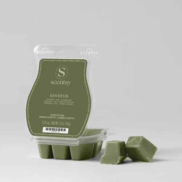 Olive green wax bar in a clear moulded clamshell with a matching green label, two loose cubes beside it, the Kiwifruit Scentsy Bar