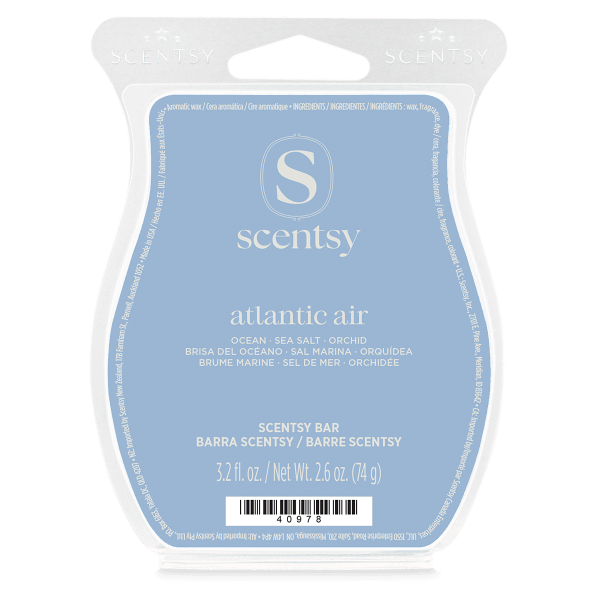 Light blue wax bar in clear plastic clamshell packaging with white Scentsy branding, the Atlantic Air Scentsy Bar