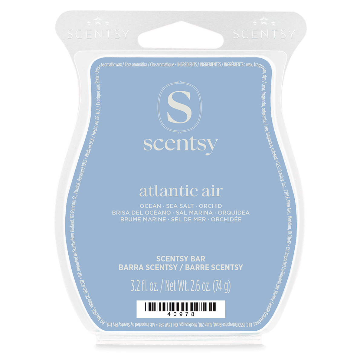 Light blue wax bar in clear plastic clamshell packaging with white Scentsy branding, the Atlantic Air Scentsy Bar