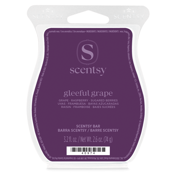 Deep purple Scentsy clamshell wax pack with a curved white plastic tray and lilac Scentsy logo, the Gleeful Grape Scentsy Bar
