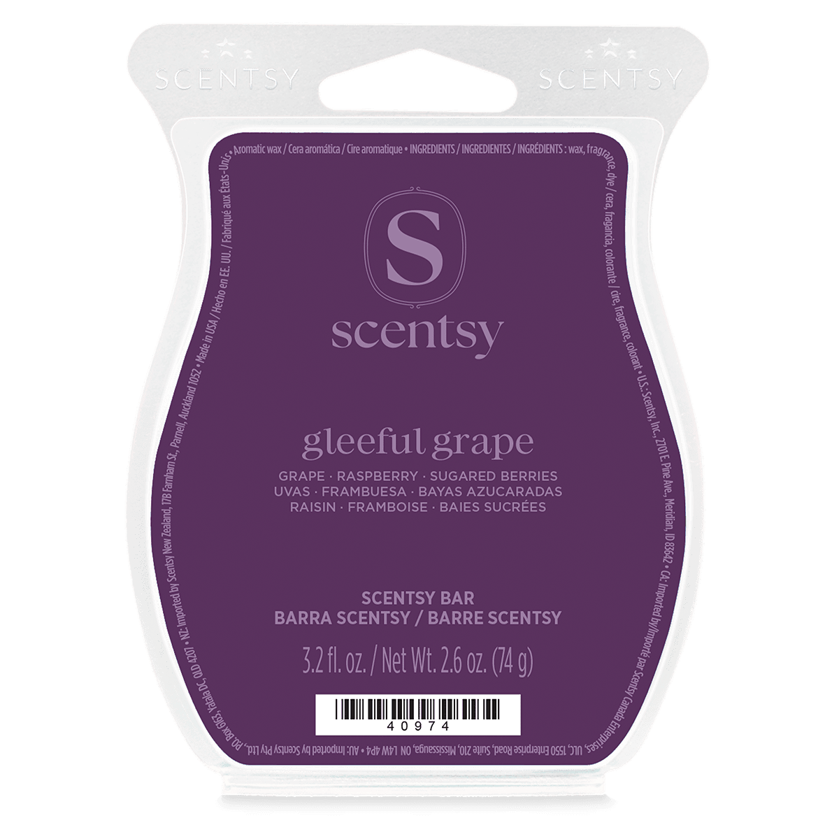 Deep purple Scentsy clamshell wax pack with a curved white plastic tray and lilac Scentsy logo, the Gleeful Grape Scentsy Bar
