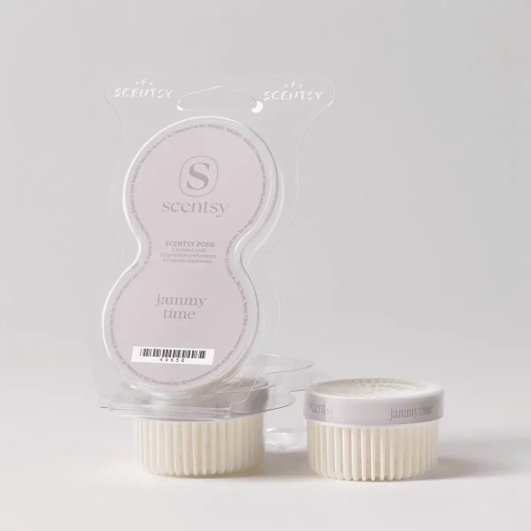 Jammy Time Scentsy Pods in pale pink packaging with ribbed cream-coloured wax pods, shown in clear clamshell packaging with two individual pods displayed in front
