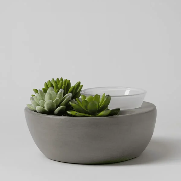 Grey ceramic bowl-shaped warmer with faux succulents in pale grey and green tones nestled inside, a removable white wax dish on top, the Little Garden Scentsy Warmer