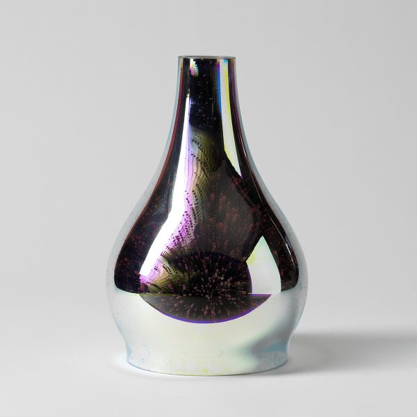 Iridescent glass diffuser shade with a teardrop silhouette, black upper half with purple and rainbow light-scattering patterns, white lower half, the Shade Only - Stargaze