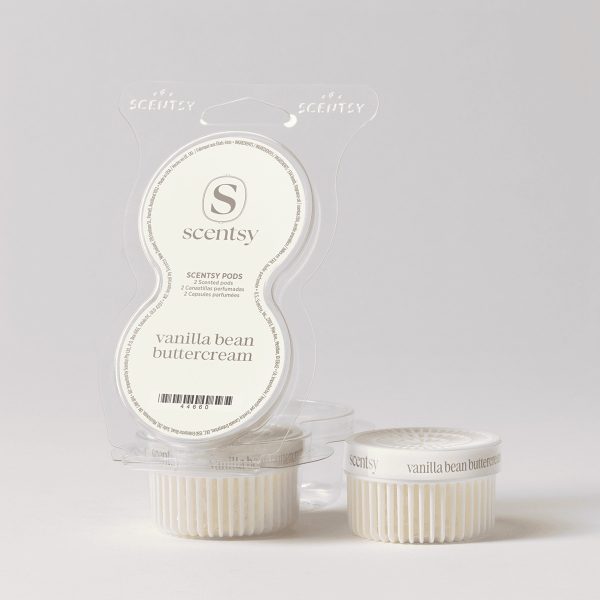 Vanilla Bean Buttercream Scentsy Pods packaging showing two cream-coloured scented pods in a clear clamshell with Scentsy branding, displayed alongside two individual ribbed pod containers with labels