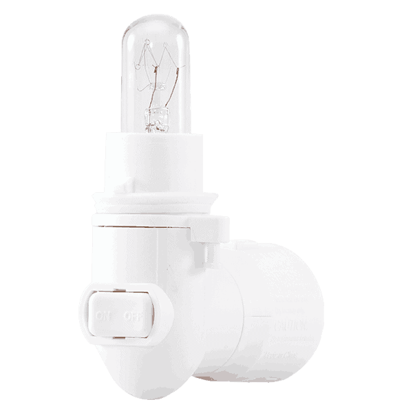 White cylindrical ceramic mini warmer with a clear glass dome top housing an incandescent bulb, on/off switch on the front, and a 2 Pin Scentsy Ceramic Mini Warmer 15w - BASE ONLY designed for wax melts