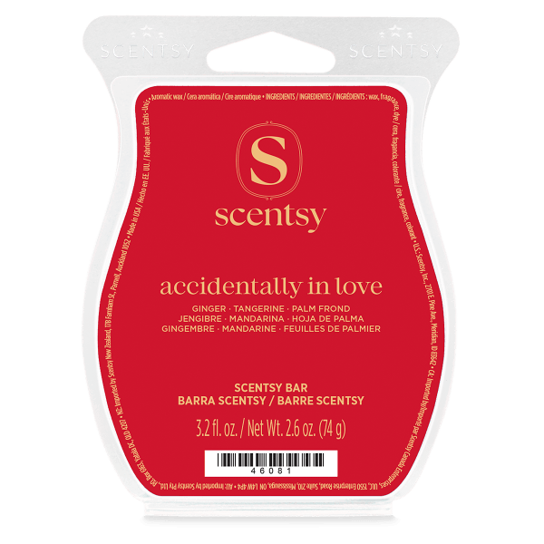 Red Scentsy wax bar packaging with gold lettering and an S logo in a clear curved clamshell, the Accidentally in Love Scentsy Bar