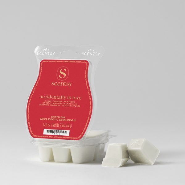 Red-labelled clear clamshell of creamy white wax cubes standing upright, with two loose cubes beside it, the Accidentally in Love Scentsy Bar