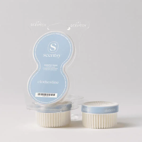 Light blue and cream Clothesline Scentsy Pods pack with two ridged wax pods displayed in front, featuring the Scentsy logo and product branding