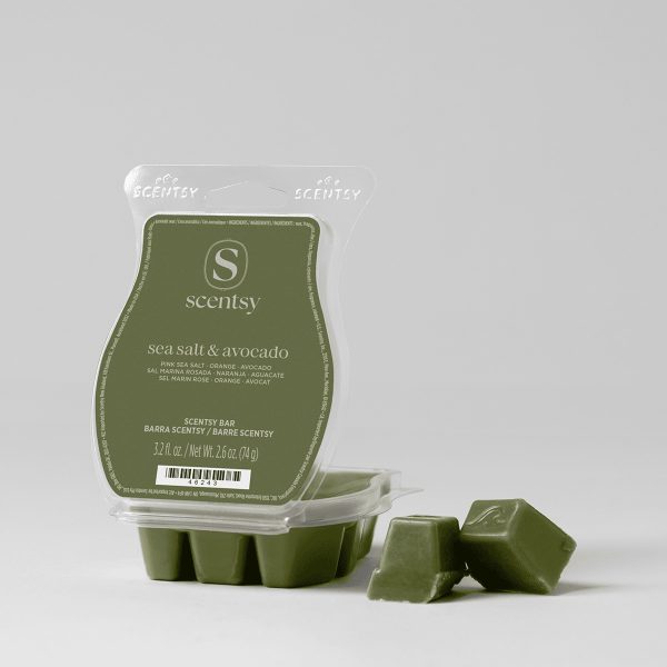 Sea Salt & Avocado Scentsy Bar - Sea Salt & Avocado Scentsy Bar - Olive-green Scentsy Bar wax melts in a clear clamshell package with six segmented pieces and two loose bars displayed beside it, labelled Sea Salt & Avocado