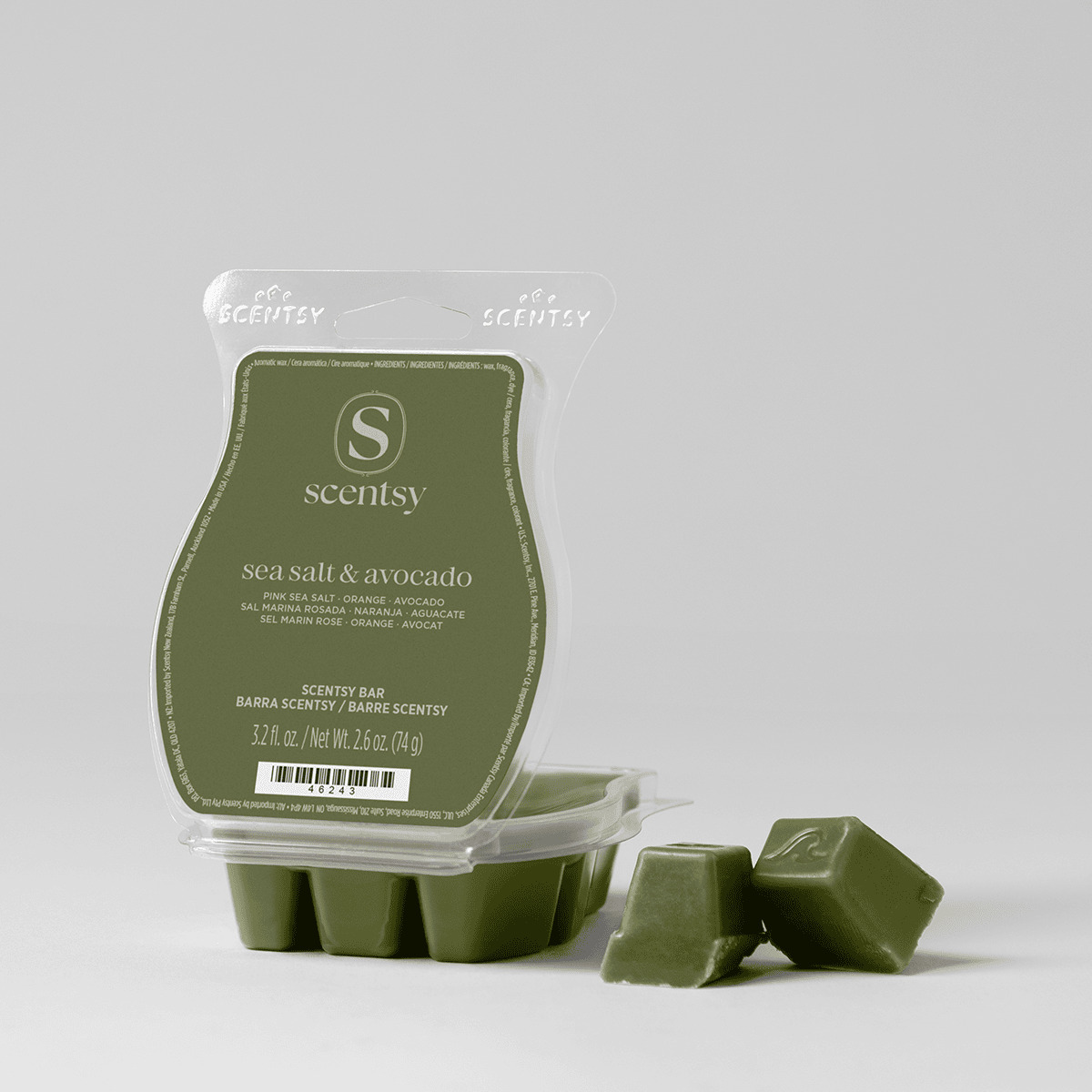 Sea Salt & Avocado Scentsy Bar - Sea Salt & Avocado Scentsy Bar - Olive-green Scentsy Bar wax melts in a clear clamshell package with six segmented pieces and two loose bars displayed beside it, labelled Sea Salt & Avocado