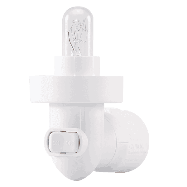 White cylindrical Scentsy warmer with a dome top housing an incandescent bulb, on/off switch at the base, and a separate white circular element, the 2 Pin Scentsy Glass Mini Warmer 10w - BASE ONLY