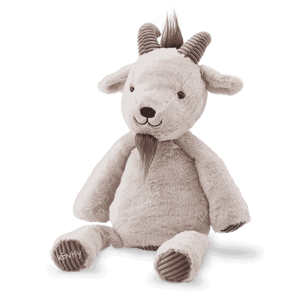 Soft cream and grey plush goat with curved horns, a spiky mane, embroidered smile, and striped paws, Glendon the Goat Scentsy Buddy