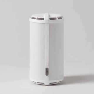 White cylindrical Scentsy Air Go+ diffuser with curved vents at the top, a central seam down the middle, and a small control button on the front