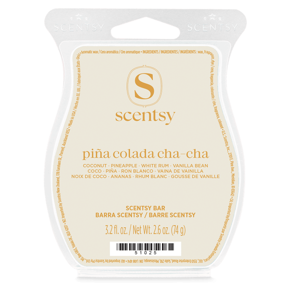 Cream and gold labelled clear plastic clamshell with a curved outline and a gold Scentsy logo, holding the Pina Colada Cha-Cha Scentsy Bar