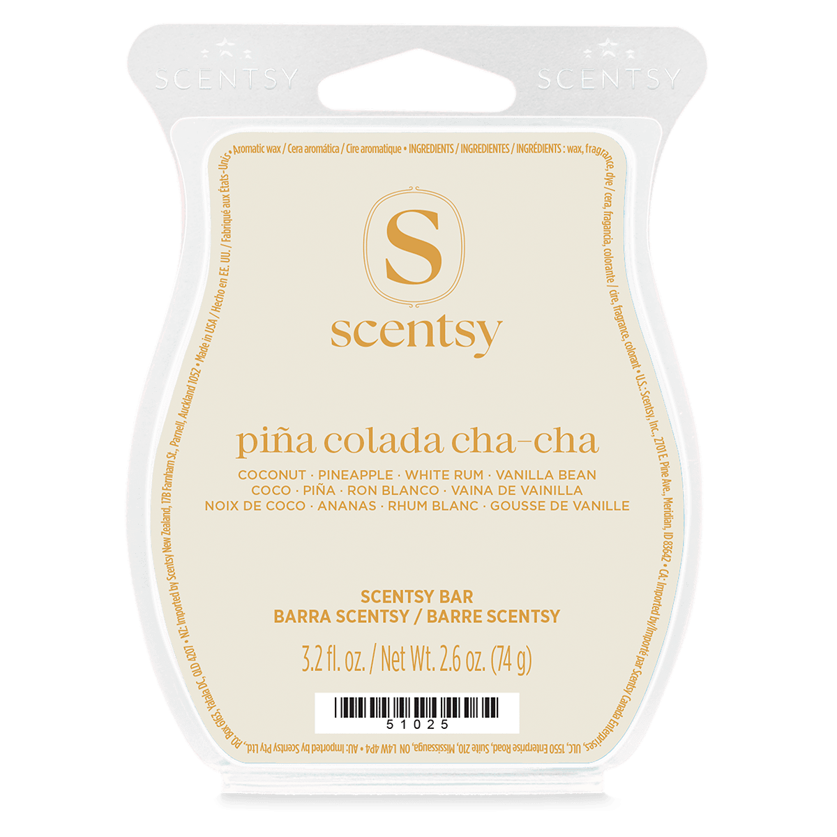 Cream and gold labelled clear plastic clamshell with a curved outline and a gold Scentsy logo, holding the Pina Colada Cha-Cha Scentsy Bar