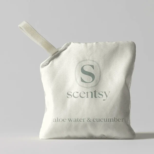 Aloe Water & Cucumber Scent Pak - Cream fabric Scent Pak with a drawstring, embossed with the Scentsy logo and text reading "aloe water & cucumber", the Aloe Water & Cucumber Scent Pak