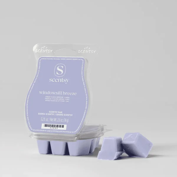 Lavender wax bars in a clear plastic clamshell with purple label for Windowsill Breeze Scentsy Bar, six bars visible with several displayed outside the packaging