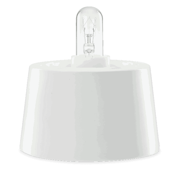 White ceramic table top base with a clear glass dome housing a visible halogen bulb, the Glass Mini Warmer 15w Tabletop Base