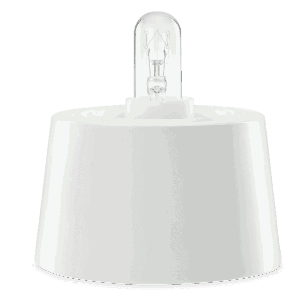 Glass Mini Warmer 10w Table Top Base - White ceramic table top base for the Glass Mini Warmer 10w, with a clear glass dome top and halogen bulb visible inside