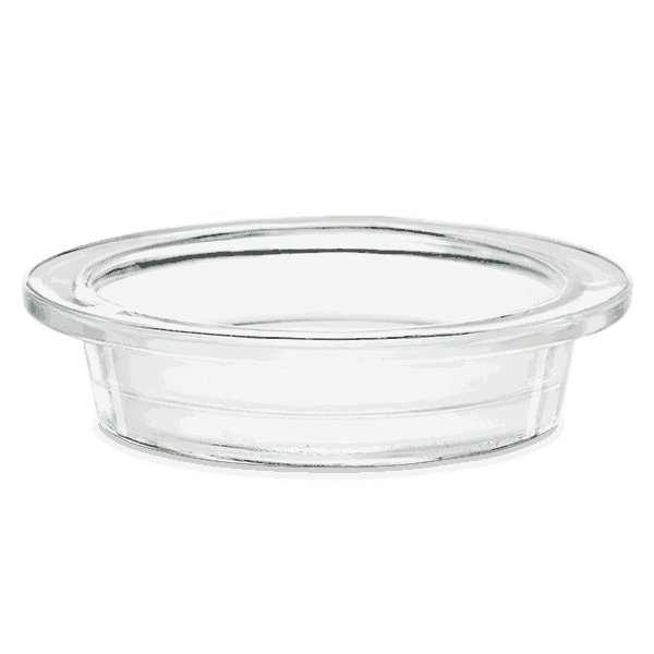 Clear glass dish with a wide flat bottom and gently sloped sides, featuring a rolled rim, the Clear Glass Dish (Large 107mm)