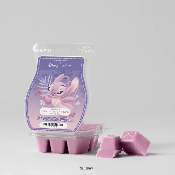 Angel: Experiment 624 Scentsy Bar - Pink Scentsy wax bars shaped like Angel (Experiment 624) from the Disney Scentsy collection, with character artwork on the product packaging, shown with several moulded bars and two loose pieces