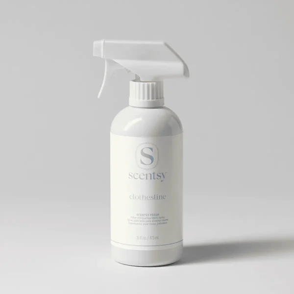 White spray bottle with trigger dispenser and ribbed cap, labelled Clothesline Scentsy Fresh fabric spray, 473 ml, against a neutral background